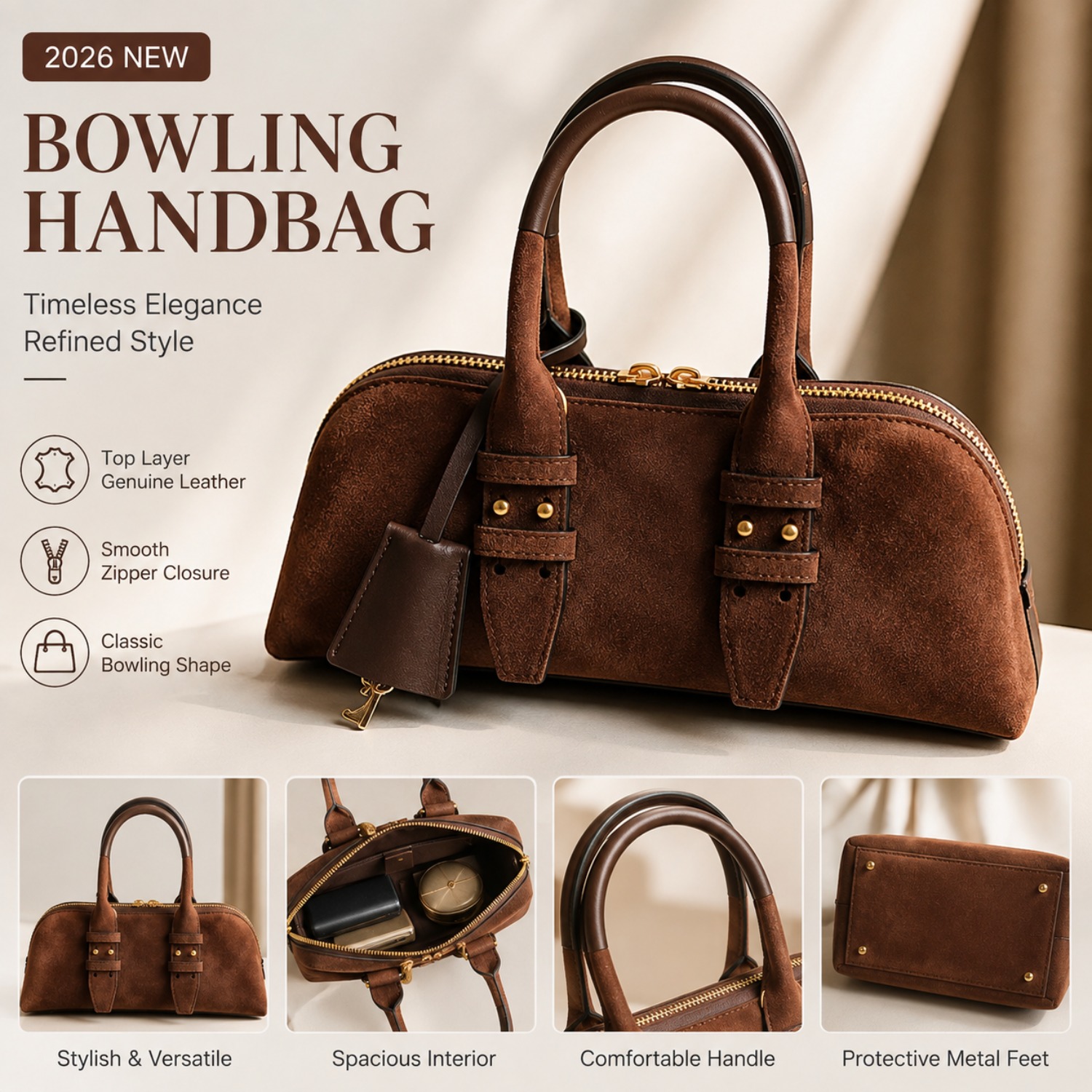 Structured Handbag Top Handle - Women's Genuine Leather Bowling Bag,Vintage Top