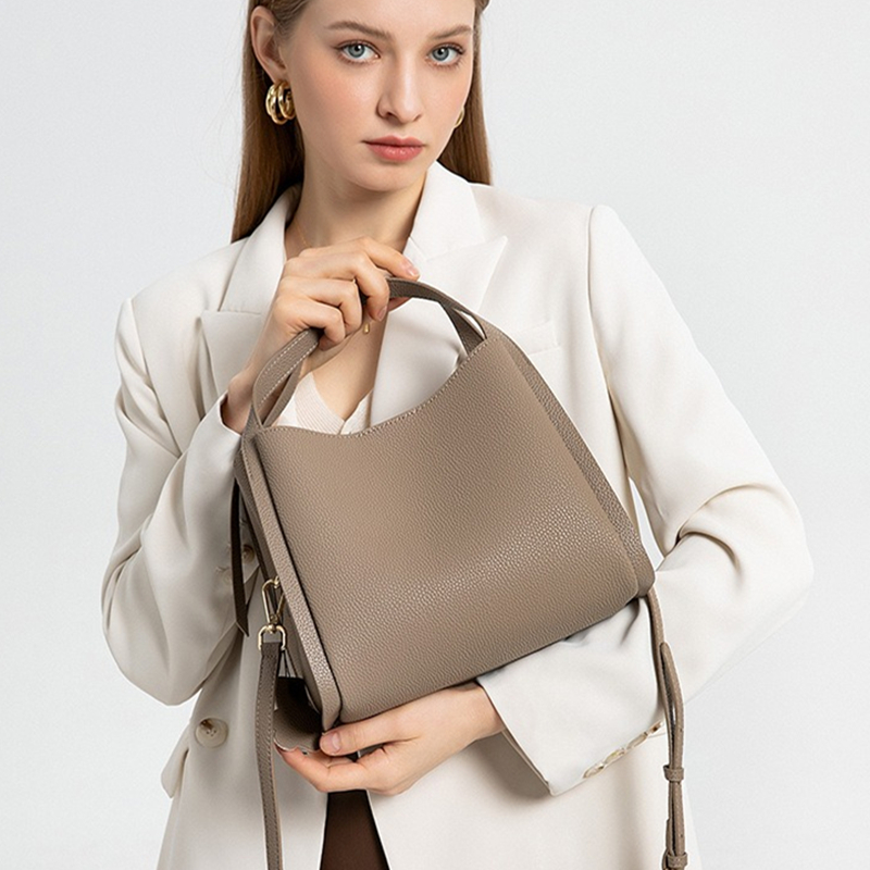 Structured Handbag Top Handle - BURMINSA Genuine Pebbled Leather Bucket Bags