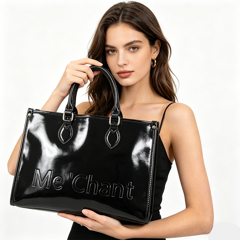 Women Black Glossy Patent PU L - Structured Handbag Top Handle recension och pris